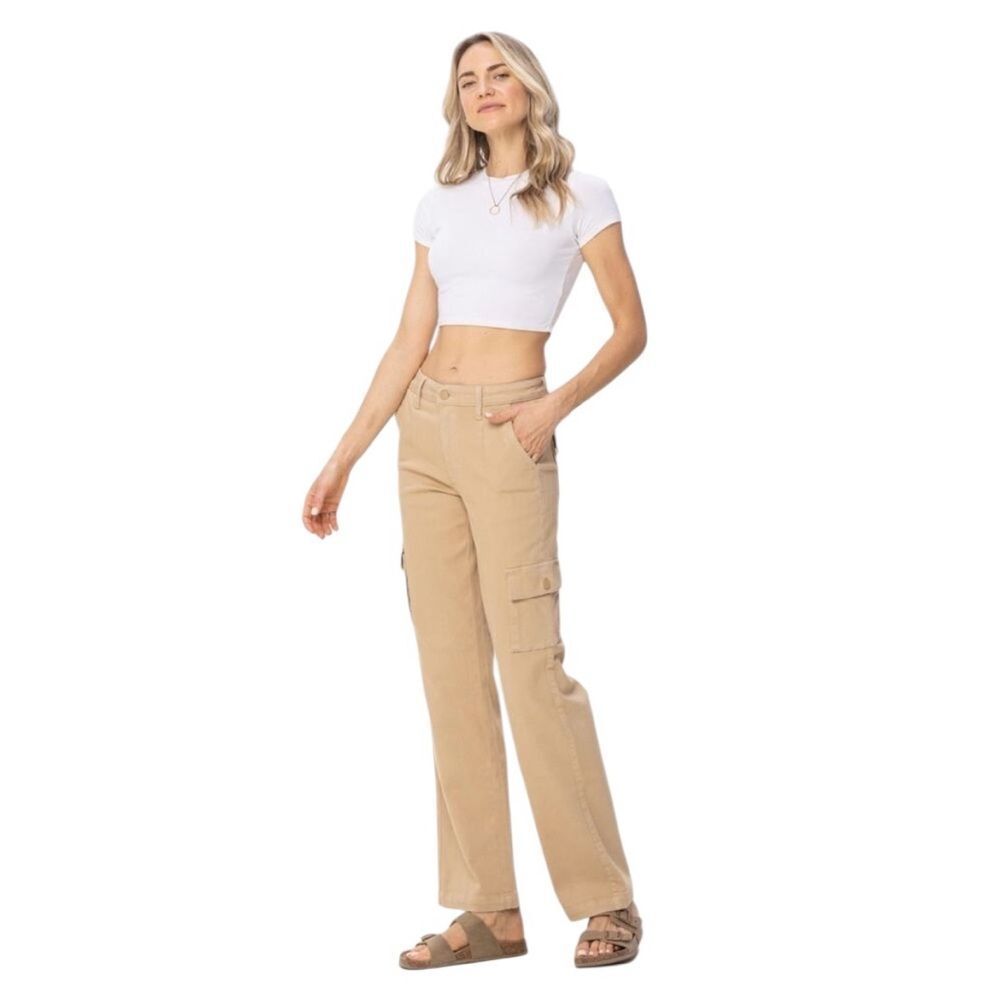 Judy Blue Y2K Khaki Cargo Straight Leg Stretchy Cotton Pants 18W